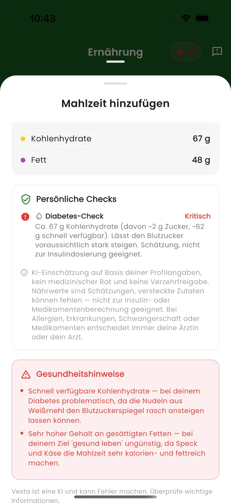 Vesta-App: Karte „Persönliche Checks“ mit dem Diabetes-Check und dem Urteil „Kritisch“ — rund 67 Gramm Kohlenhydrate, davon etwa 2 Gramm Zucker und 62 Gramm schnell verfügbar; ausdrücklich nicht zur Insulindosierung geeignet.